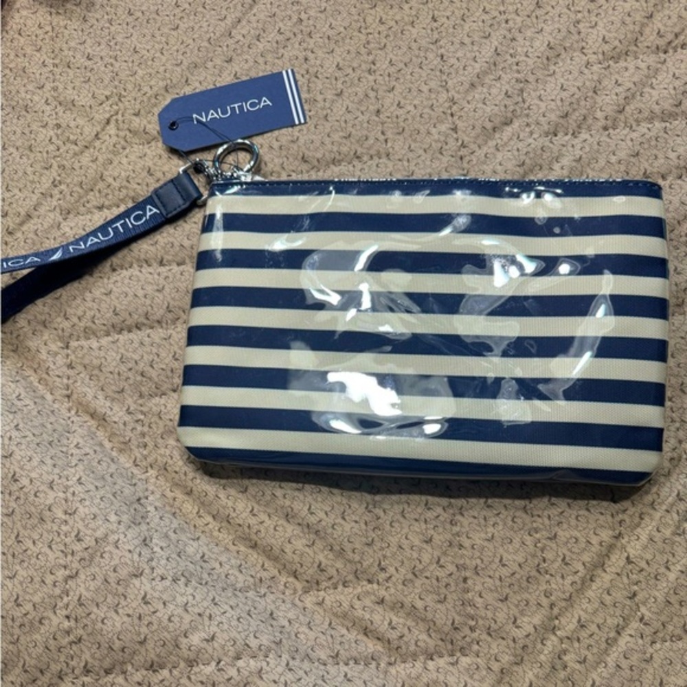 NAUTICA NAUTICAL striped zippered pouch w/ plastic coating & removable keychain!